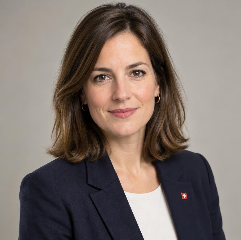 Studio portrait of a Swiss woman journalist in her thirties