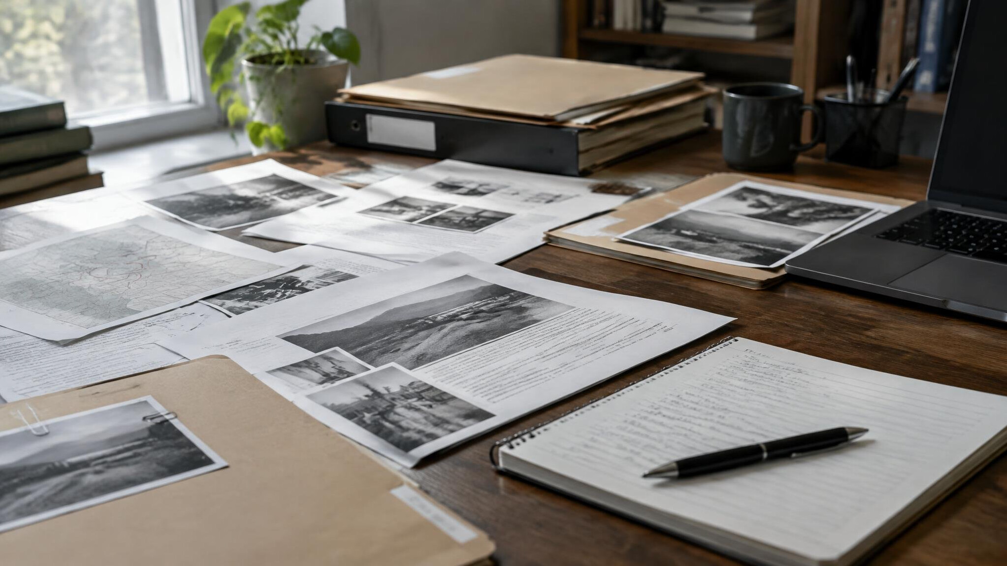 Journalist reviewing printed documents and files at a desk