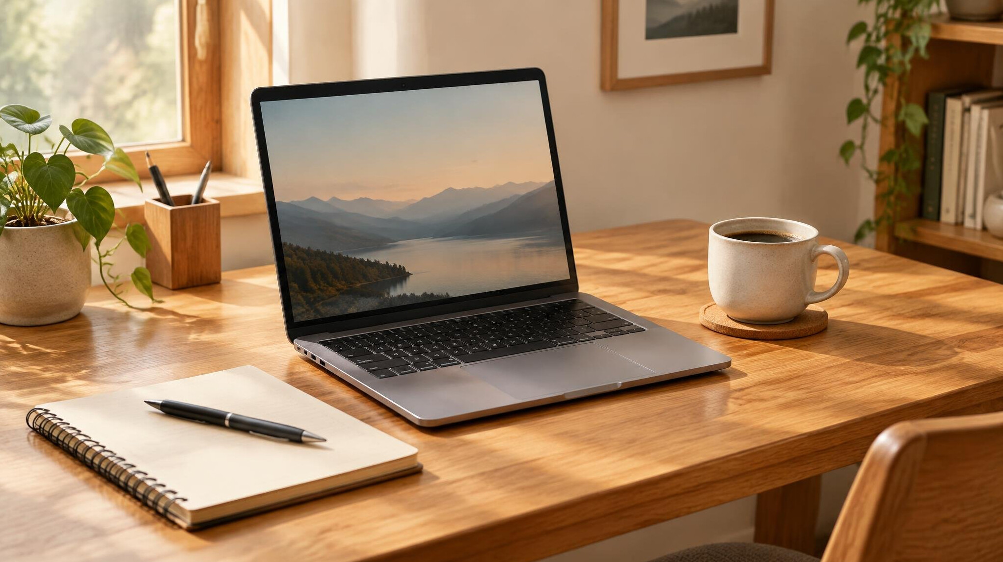 Open laptop and notebook on a wooden desk